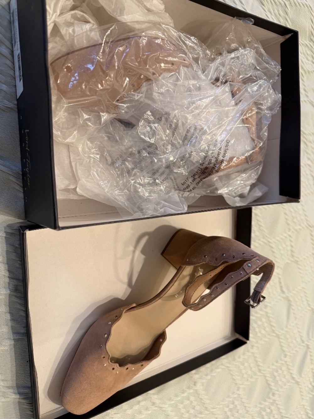 Lord & Taylor 424 Fifth Brandi taupe suede block heels featuring a scalloped